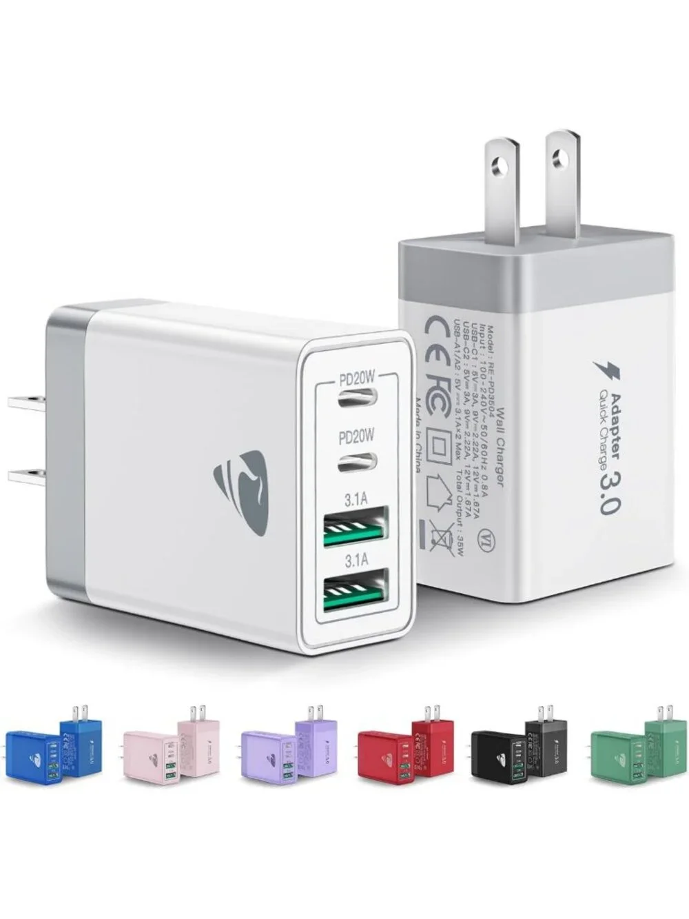 2-Pack 40W Fast USB C Wall Charger Block, 4-Port Multiport Power Adapter